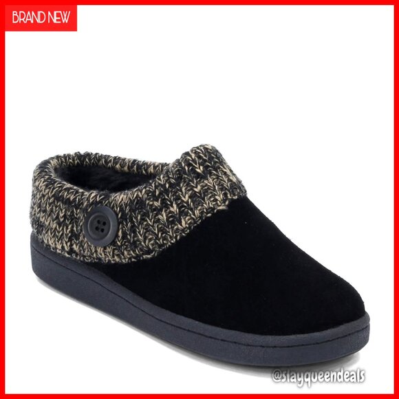 Suede Mule Slippers with Knit Collar Indoor/Outdoor Rubber Sole